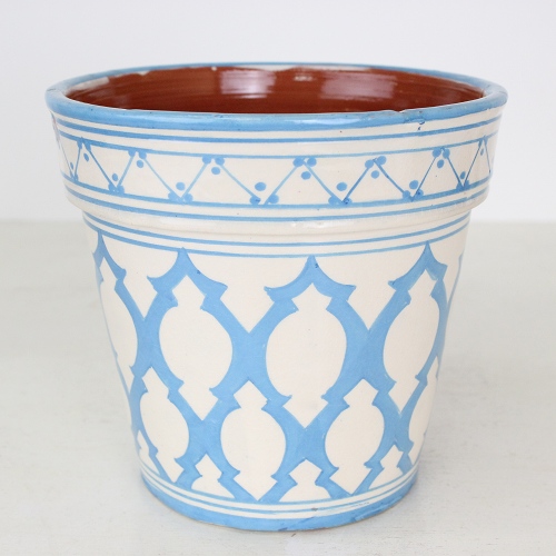 モロッコ陶製植木鉢 大 アラベスク柄 白ベース水色