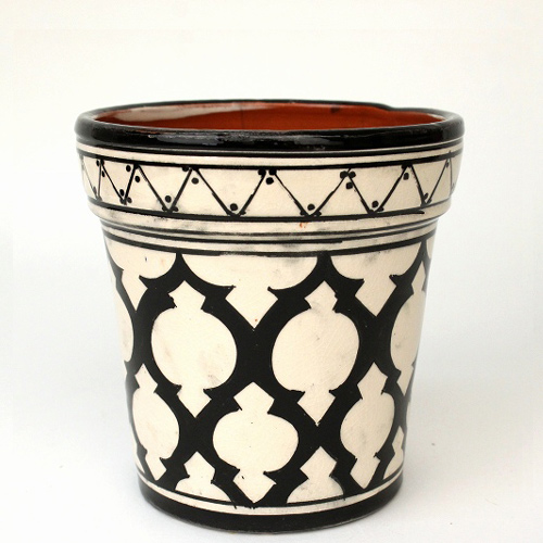 モロッコ陶製植木鉢 小 アラベスク柄 白ベース黒