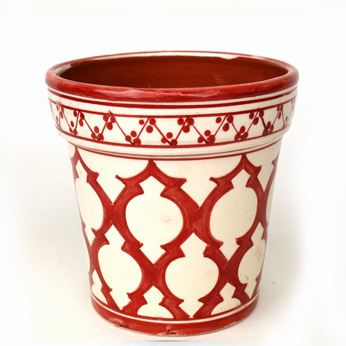 モロッコ陶製植木鉢 小 アラベスク柄 白ベース赤