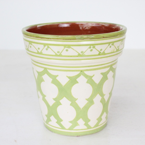 モロッコ陶製植木鉢 小 アラベスク柄 白ベース黄緑