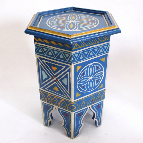 六角木製ペイントテーブル 小 幾何学柄 青