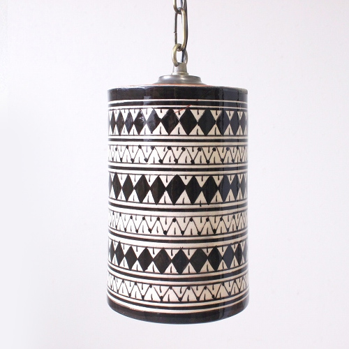 陶製ランプシェード 筒型 SAFI 直径12CM アフリカ柄モノトーン ランプソケットA