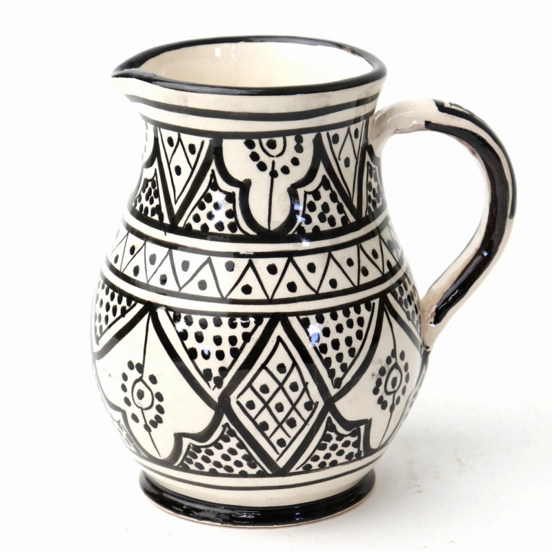 陶器ピッチャー型フラワーベース ぷっくり SALAH H15 黒 柄E