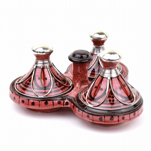 陶製タジン3連スパイス入れ　メタル装飾　柄　赤