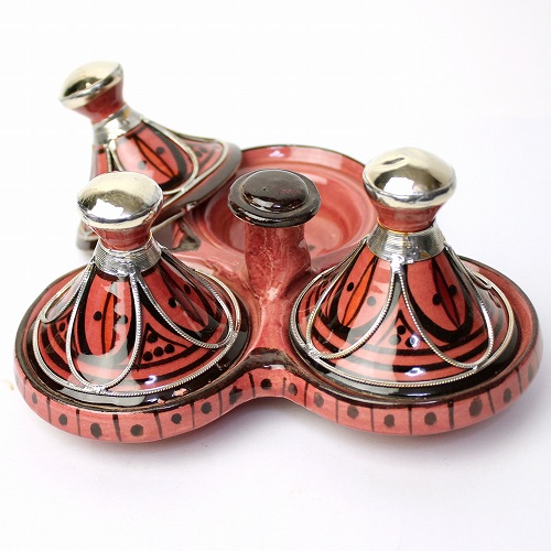 陶製ミニタジン柄入り　メタル装飾　3連 色柄アソート