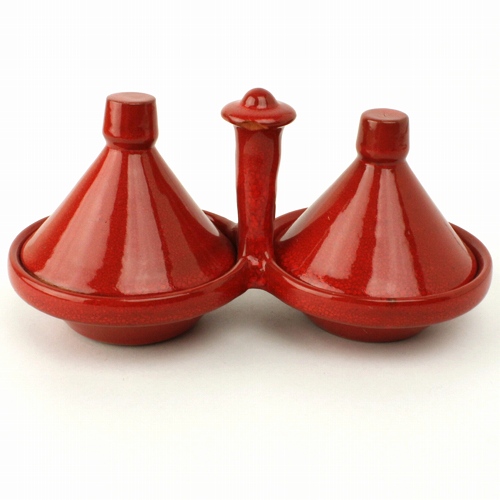 陶製タジン2連スパイス入れ 単色 赤