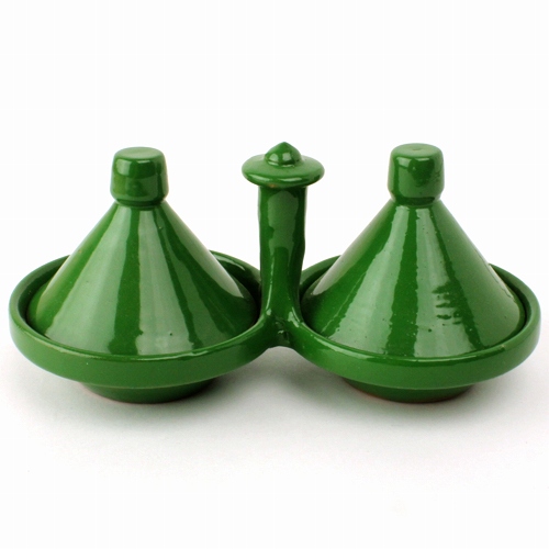 陶製タジン2連スパイス入れ 単色 緑