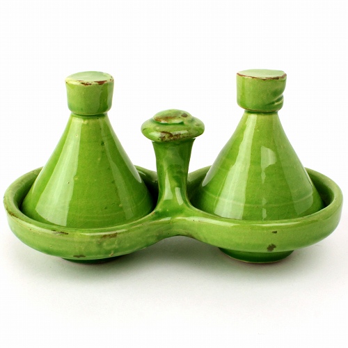 陶製タジン2連スパイス入れ 単色 黄緑