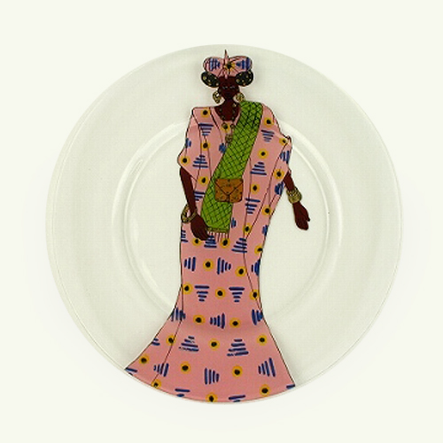 【SALE】セネガルガラス絵 皿 中 ピンク/女 @4500→3000円