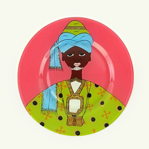 【SALE】セネガルガラス絵 皿 小 全塗り ピンク/男 @4500→3000円