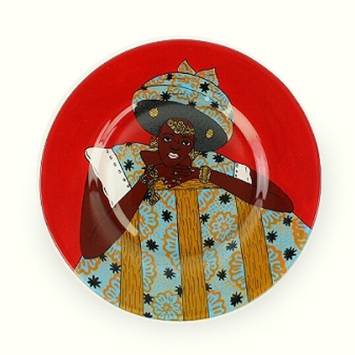 【SALE】セネガルガラス絵 皿 小 全塗り 赤/女 @4500→3000円