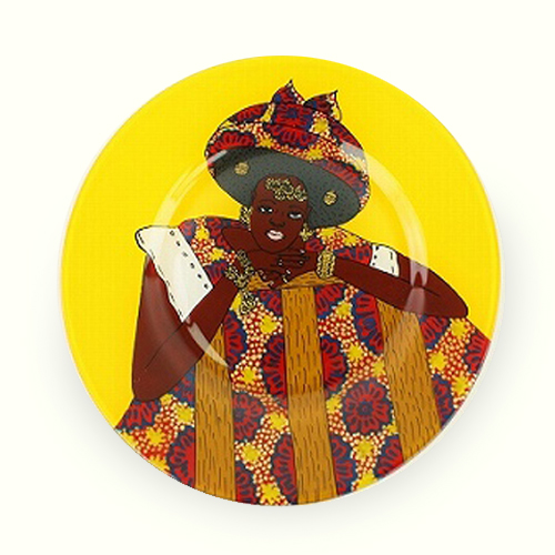 【SALE】セネガルガラス絵 皿 小 全塗り 黄/女 @4500→3000円