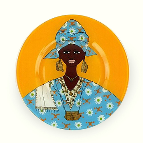 【SALE】セネガルガラス絵 皿 小 全塗り オレンジ/女 @4500→3000円