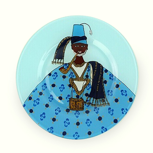 【SALE】セネガルガラス絵 皿 小 全塗り 青/男 @4500→3000円