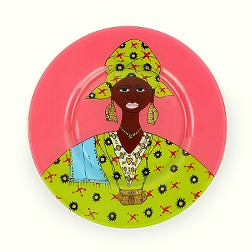 【SALE】セネガルガラス絵 皿 中 全塗り ピンク/女 @5800→3500円