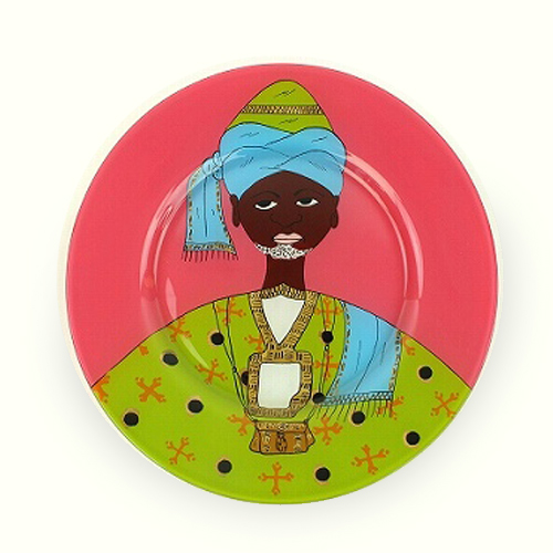 【SALE】セネガルガラス絵 皿 中 全塗り ピンク/男 @5800→3500円