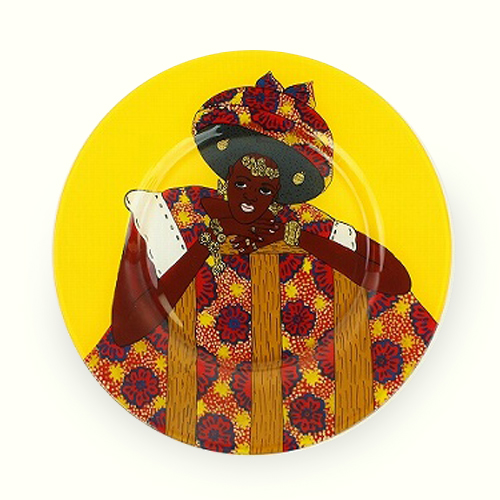 【SALE】セネガルガラス絵 皿 中 全塗り 黄/女 @5800→3500円