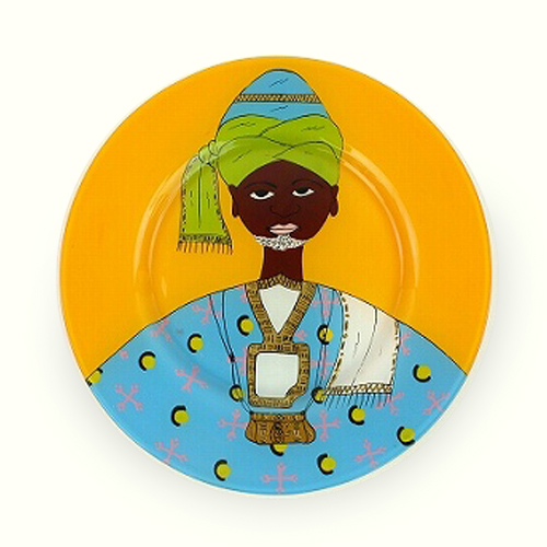 【SALE】セネガルガラス絵 皿 中 全塗り オレンジ/男 @5800→3500円