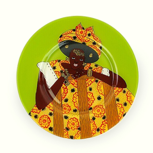 【SALE】セネガルガラス絵 皿 中 全塗り キミドリ/女 @5800→3500円