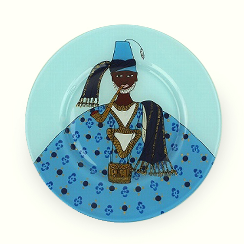 【SALE】セネガルガラス絵 皿 中 全塗り 青/男 @5800→3500円