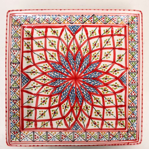 スラマ陶器 手描き四角平皿 28x28 赤