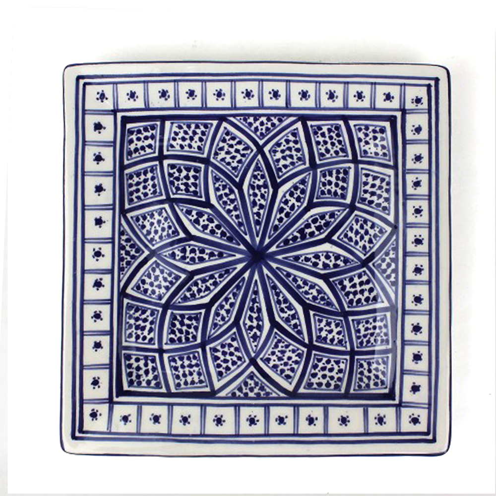 スラマ陶器 手描き四角平皿 19.5x19.5 パピヨンブルー