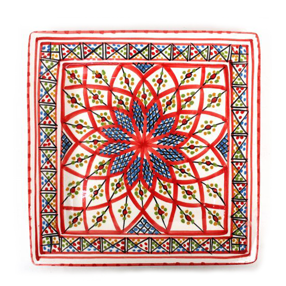 スラマ陶器 手描き四角平皿 19.5x19.5 赤