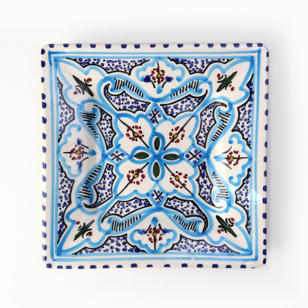 スラマ陶器 手描き四角平皿 地中海風ターコイズ