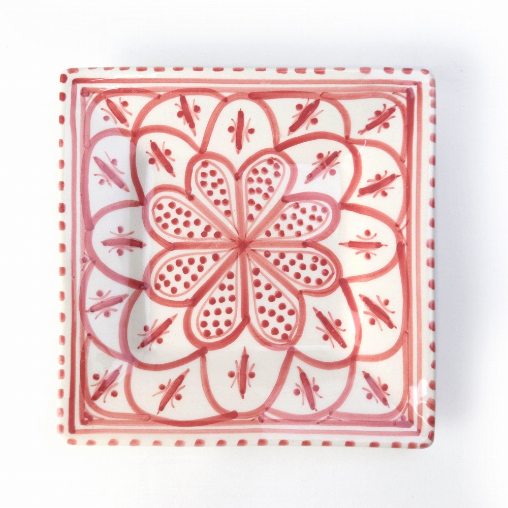 スラマ陶器 手描き四角平皿 オリエンタルローズ