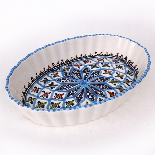 スラマ陶器 手描きグラタン皿 ターコイズ