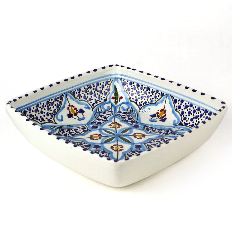 スラマ陶器 手描き四角深皿 18x18 地中海風ターコイズ