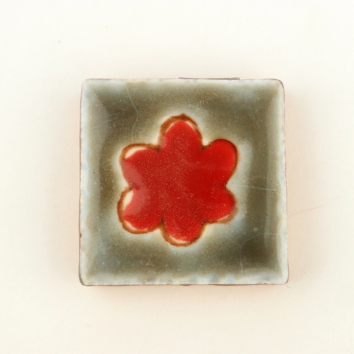 チュニジア小タイル無地　四角花　灰・赤