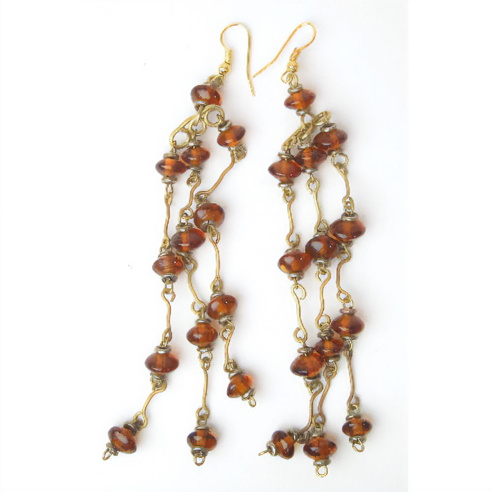 ガラスビーズ縦3本ピアス 茶(YK03A)\\1500→\\800